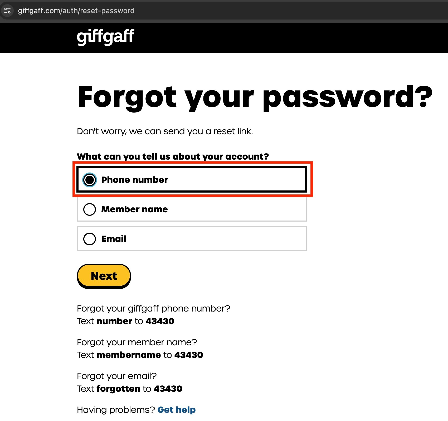 选择电话号码方式重置