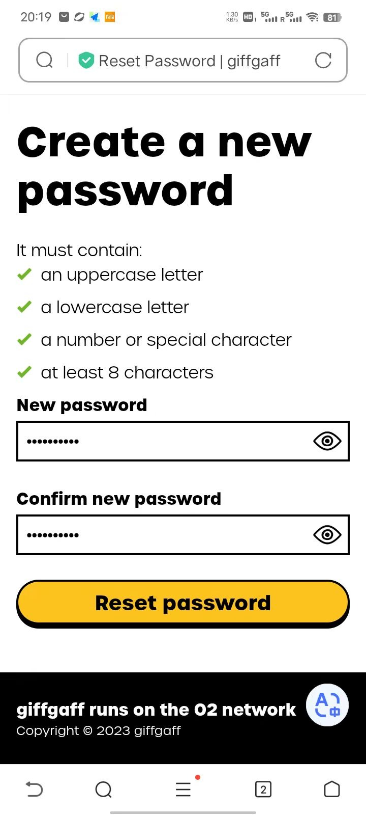 在页面中创建新密码