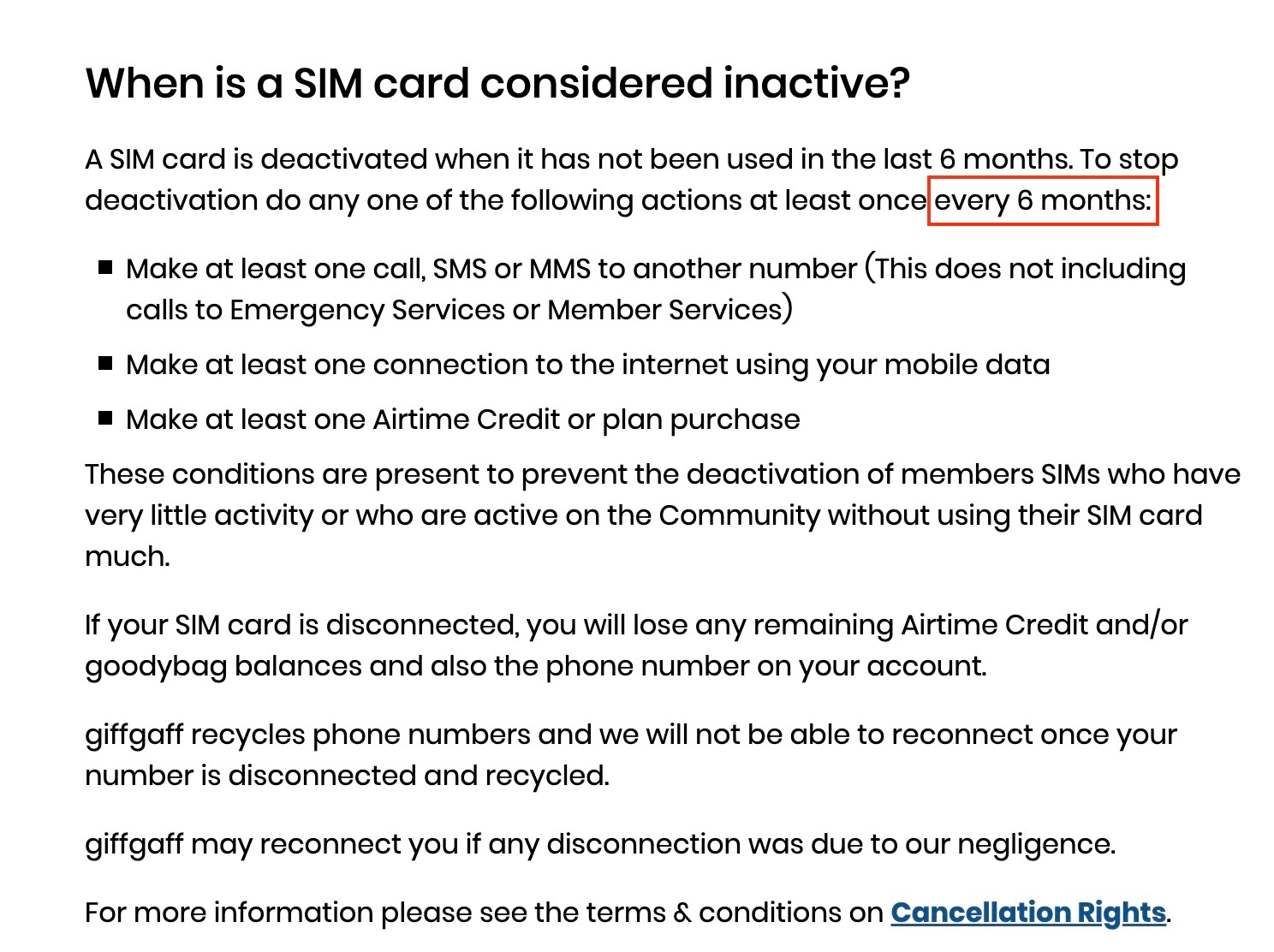 Giffgaff 官网关于保号的规定
